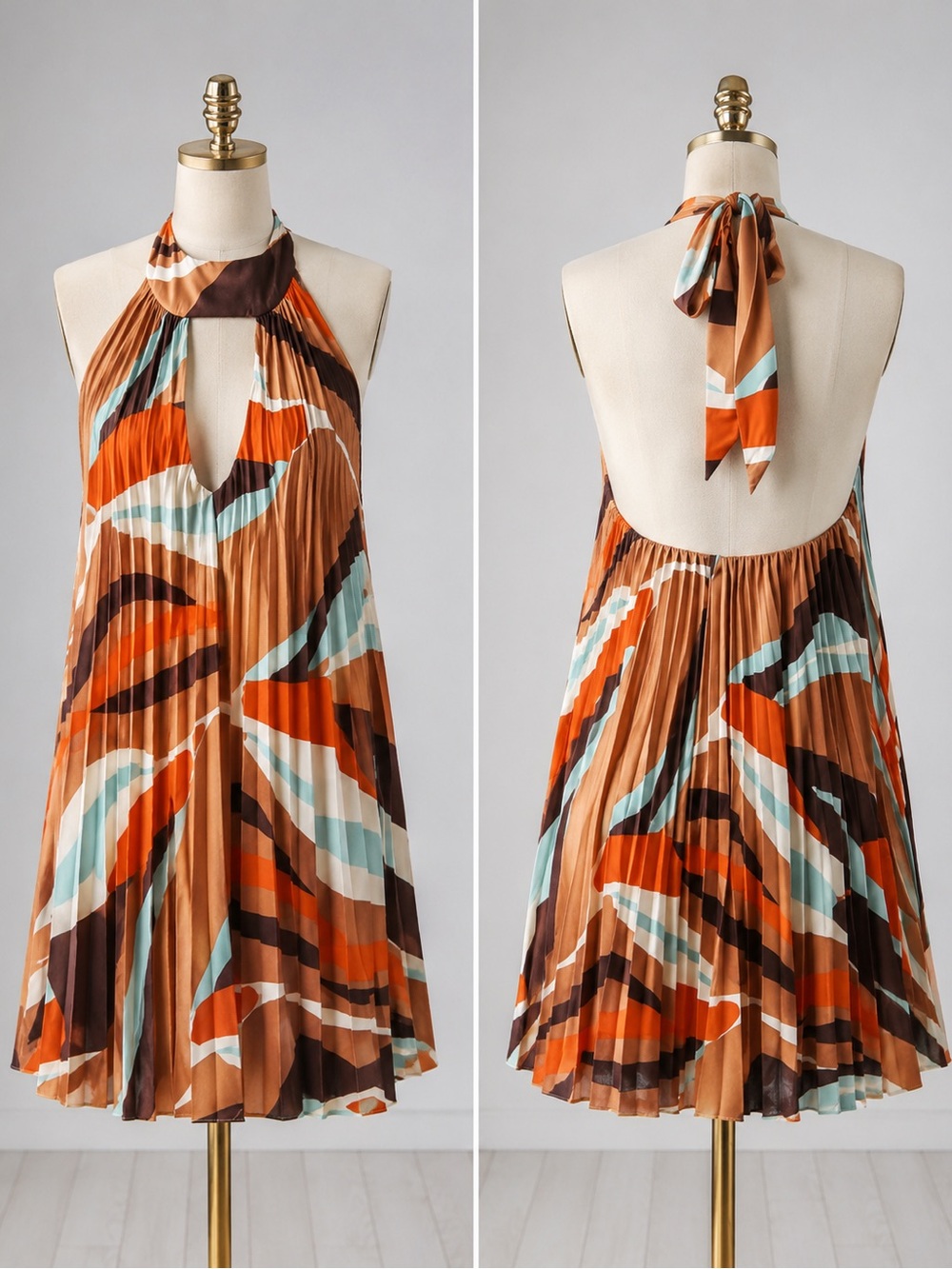 ANTHROPOLOGIE HUTCH Pleated Halter Keyhole Open Back Swing Mini Dress Vacation - Picture 2 of 12